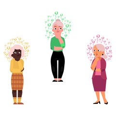 Old senior caucasian and african black women standing thoughtful pose holding chin thinking with questions above head. Isolated vector flat background illustration