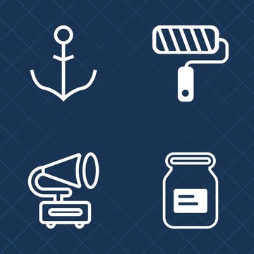 Premium set of outline vector icons. Such as boat, canned, vinyl, brush, sea, roll, navigation, old, painter, sound, nautical, gramophone, can, paintbrush, work, vessel, music, aluminum, color, white