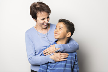 black Boy with grandmother in studio white background