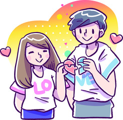 Vector illustration of smiling young man and woman lovingly put together heart-shaped puzzle