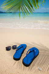 Fototapeta na wymiar Flip flop sandals and sunglasses on the beach with leaf of palm tree and blue sea in backgrounds. Holidays travel concept