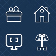 Premium set of outline vector icons. Such as mortgage, audience, technology, beach, object, pc, luxury, internet, business, speech, professional, seminar, monitor, home, lecture, public, umbrella, sun