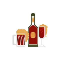 vector cartoon beer symbols set. Mug of golden lager cool beer with thick white foam and water drops, glass bottle. Ready for your design isolated illustration, white background.