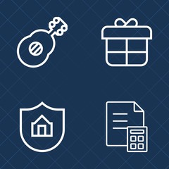 Premium set of outline vector icons. Such as care, electric, celebration, security, music, bow, concert, bank, property, estate, instrument, home, insurance, safety, surprise, black, business, white