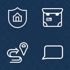 Premium set of outline vector icons. Such as real, mortgage, pin, mobile, family, marker, trip, woman, protection, safety, passport, route, person, navigation, waiting, chat, pass, care, pretty, home