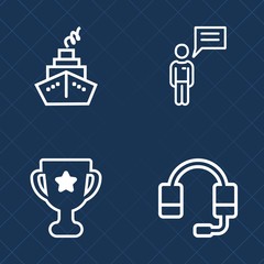 Premium set of outline vector icons. Such as headphone, victory, center, support, conversation, , audio, sport, sound, headset, best, prize, business, medal, microphone, equipment, internet, winner