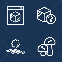 Premium set of outline vector icons. Such as packaging, box, food, sunny, blue, champignon, natural, ingredient, landscape, internet, morning, service, technology, fungus, sun, light, yellow, pack