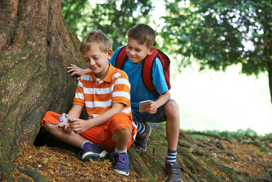 Two Boys Finding Item Whilst Geocaching In Forest