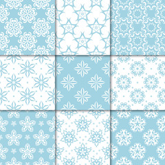 Blue and white floral ornaments. Collection of seamless patterns