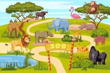 Tuinposter Zoo entrance gates cartoon poster with elephant giraffe lion safari animals and visitors on territory vector illustration, cartoon style, isolated © hadeev