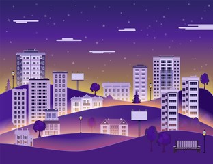 City paper landscape in night with multistorey apartment houses and office buildings, public park on dark blue sky background with clouds - flat style colorful cityscape. Vector illustration.