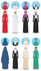 Set of different standing arab women in the traditional muslim arabic clothing in flat style. Muslim, arabic clothing, east arabian dress. Differences islamic people characters avatars icons. Vector.