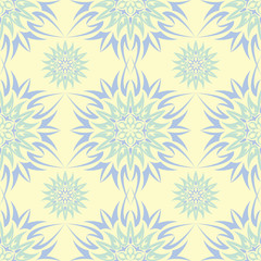 Seamless background with floral pattern. Beige background with light blue and green flower elements