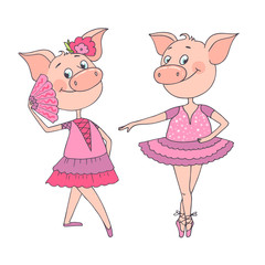 Two funny cute pigs are in a beautiful dresses