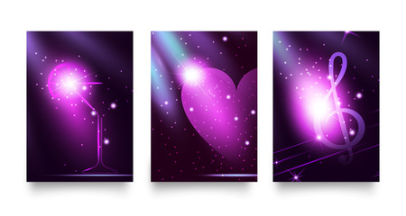 Set fashion lights backgrounds in trendy uv or violet colors. Night party style glow neon disco club. Graphic template with martini glass, heart and treble clef symbols. Vector illustration Eps 10.