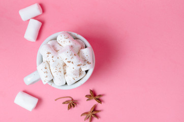 Obraz na płótnie Canvas White marshmallows in a coffee mug on bright pink background.Spicy spices star anise.