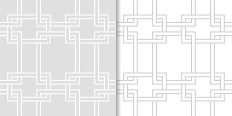 Light gray geometric ornaments. Set of seamless patterns