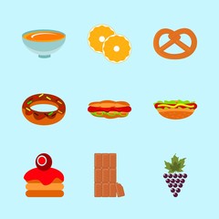 icons about Food with hotdog, hamburger, merlot, pretzel and eat