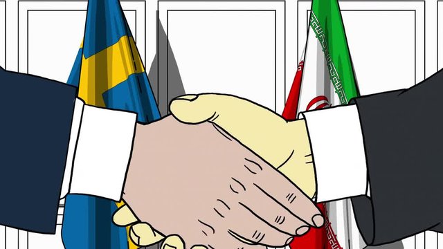 Businessmen or politicians shake hands against flags of Sweden and Iran. Official meeting or cooperation related cartoon animation