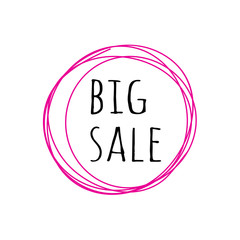 Big sale inscription poster in purple grunge doodle sketch circle frame. Vector retro vintage 90s style dirty dry brush, pencil strokes, rough border abstract background for advertising design.