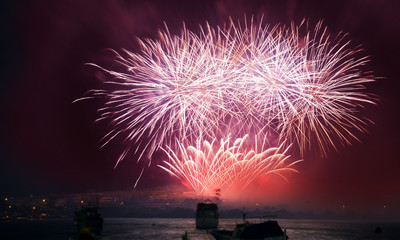 Fireworks show,colorful fireworks on the black sky background, Fireworks festival in Malta, 2018....