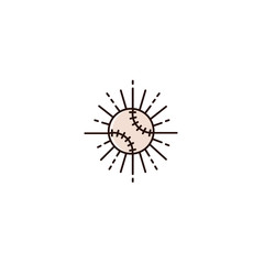 Baseball or softball with retro sun beams - flat color line icon on isolated background. Base ball with sunburst - vector sign, symbol, pictogram in outline design.