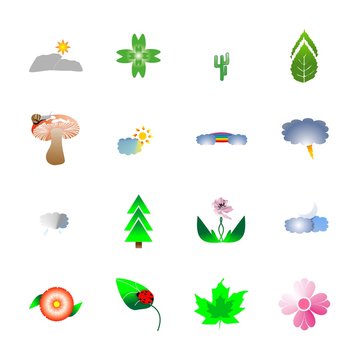 icon Nature with clover, lightning, cloudy, leaf and mountain