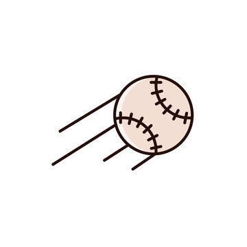 Flying baseball or softball with motion path lines - flat color line icon on isolated background. Base ball sign, emblem, element in thin linear design.