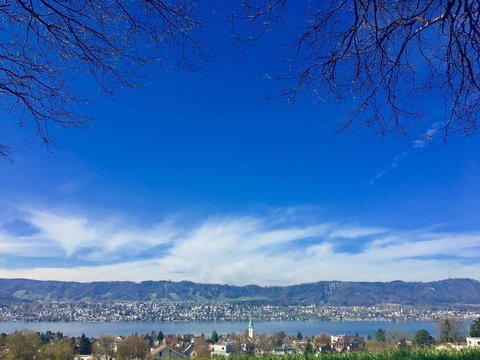 wiese im Dorf zollikon mit dem Blick auf thalwil und Uetliberg im Kanton Z&uuml;rich in der schweiz