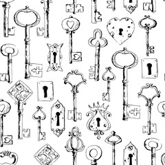 Seamless pattern with vintage ornate forged keys and keyholes. S