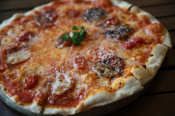Pizza with tomato and eggplant , Italian food