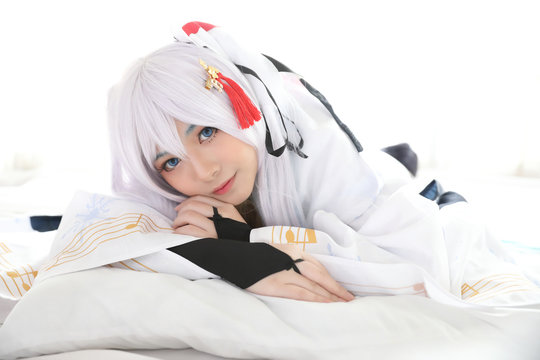 Japan anime cosplay , white japanese miko in white tone room Stock Photo |  Adobe Stock