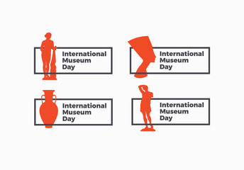 Set of emblems on theme of international day of museum. An image of silhouette of antique sculptures, ceramic amphora and profile of Nefertiti.