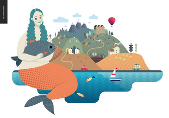 Magical summer landscape - mermaid and island with hills, roads, cars, castle, houses and trees, with mountains, balloon and clouds above and waving sea and striped houses on the coast.