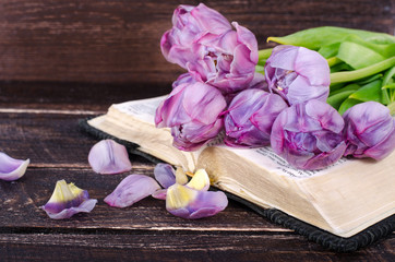 Violet tulips, petals, book on wooden background. Vintage and retro style.