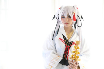 Japan anime cosplay , white japanese miko in white tone room - obrazy, fototapety, plakaty