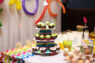 Different sweets, popcorn and sweet drinks on the table