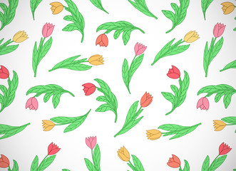Horizontal card with cute cartoon colored flowers, tulips on white background.