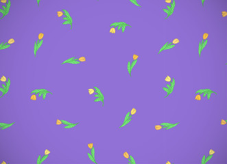 Fototapeta na wymiar Horizontal card with cute cartoon yellow flowers, tulips on violet background.