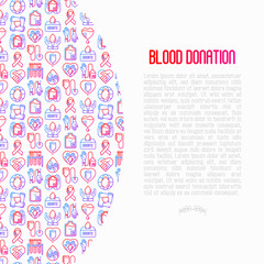 Blood donation, charity, mutual aid concept with thin line icons. Symbols of blood transfusion, medical help and volunteers. Modern vector illustration, poster, print media for World donor's day.