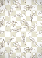 Vertical card with cute cartoon  flowers, tulips on checkered background.