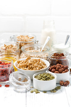 ingredients for healthy breakfast, vertical closeup