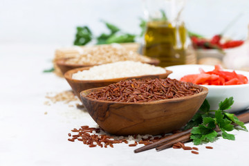 products for Japanese cuisine, rice, ginger and spices on white background
