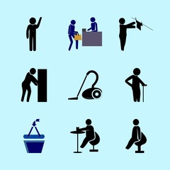 Fototapeta na wymiar icons about Human with younge, happy, bar desk, shop and vacuum cleaner