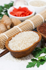 products for Japanese cuisine, rice, ginger and spices, top view