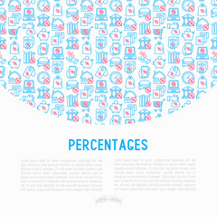 Percentages concept with thin line icon: loan, credit, offer, interest rate, sale, discount, percentage graph of growth or fall, leasing, on screen of smartphone, laptop. Modern vector illustration.