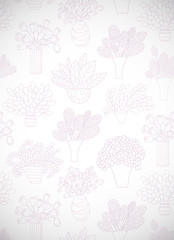 Vertical card with cute cartoon plants and flowers in pots and tulips. White background.