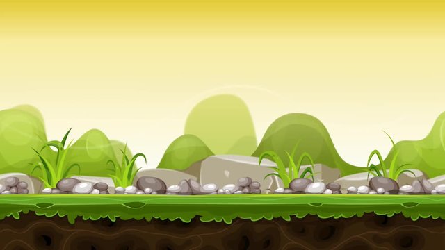 Funny Cartoon Landscape Footage/
Seamless looped animation of a cartoon funny nature rural landscape for game ui scenics, with grass, stones and boulders, and cute curved hills over yellow sunrise