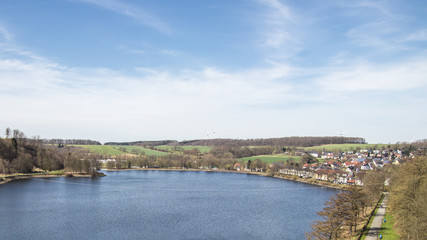 Fototapeta na wymiar Panoramic view over Sauerland lake in germany