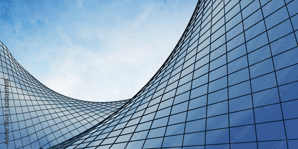 Aufkleber view of the clouds reflected in the curve glass office building. 3d rendering